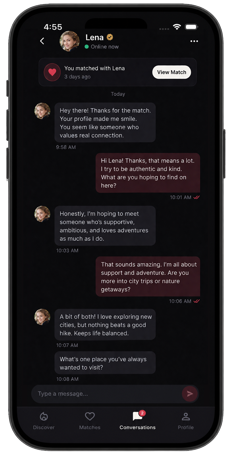 Primal Match conversation screen showing a chat between two matched users