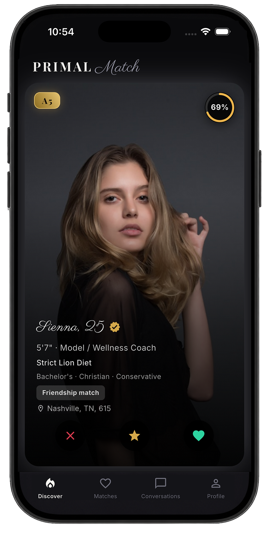 Primal Match discover screen showing a verified profile with a 76% compatibility score