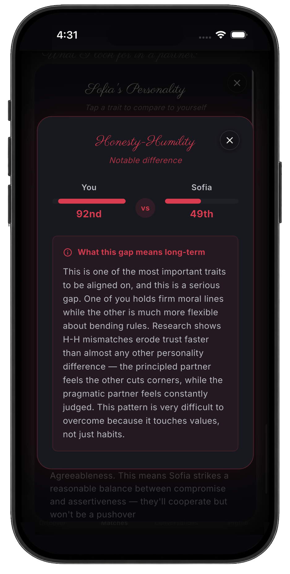 In-app trait gap warning showing a 92nd vs 49th percentile mismatch in Honesty-Humility