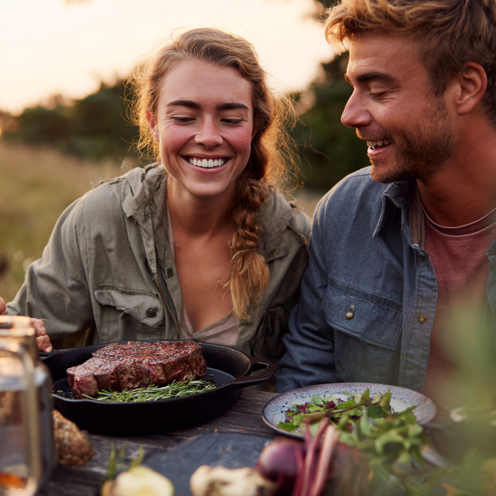 Couple sharing a meal outdoors at golden hour