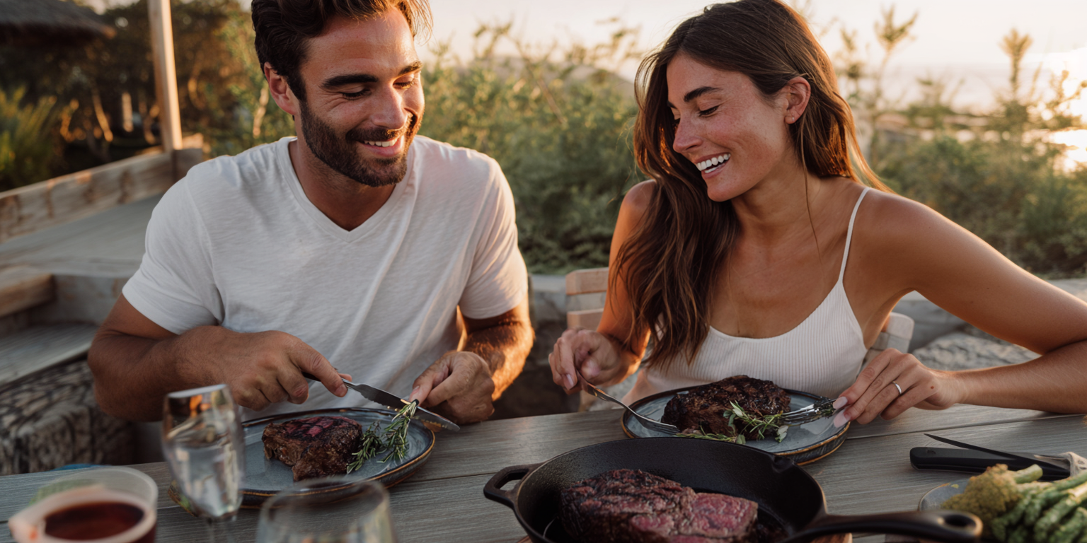 Couple enjoying a steak dinner at sunset