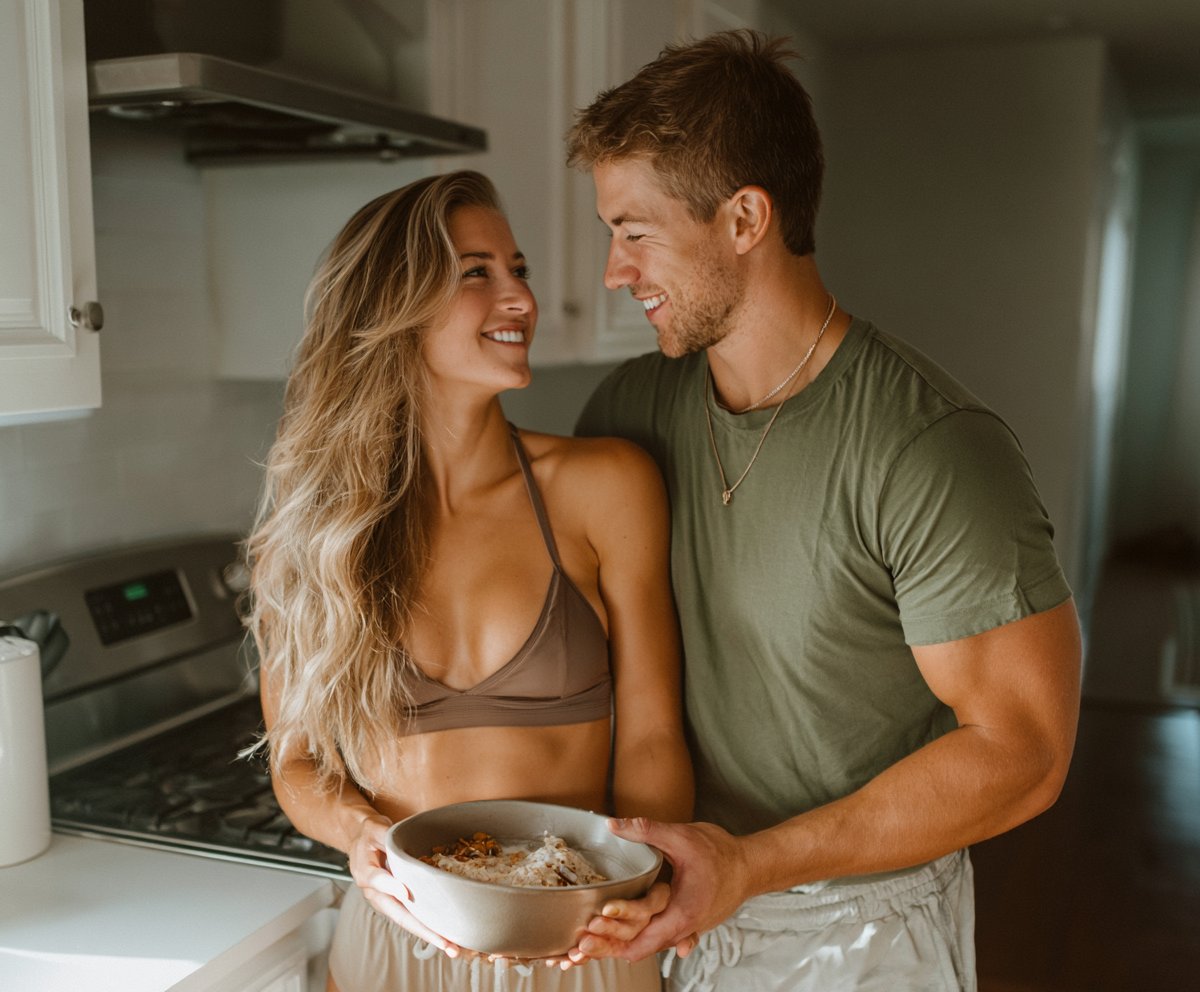 Fit couple sharing a meal together in a sunlit kitchen