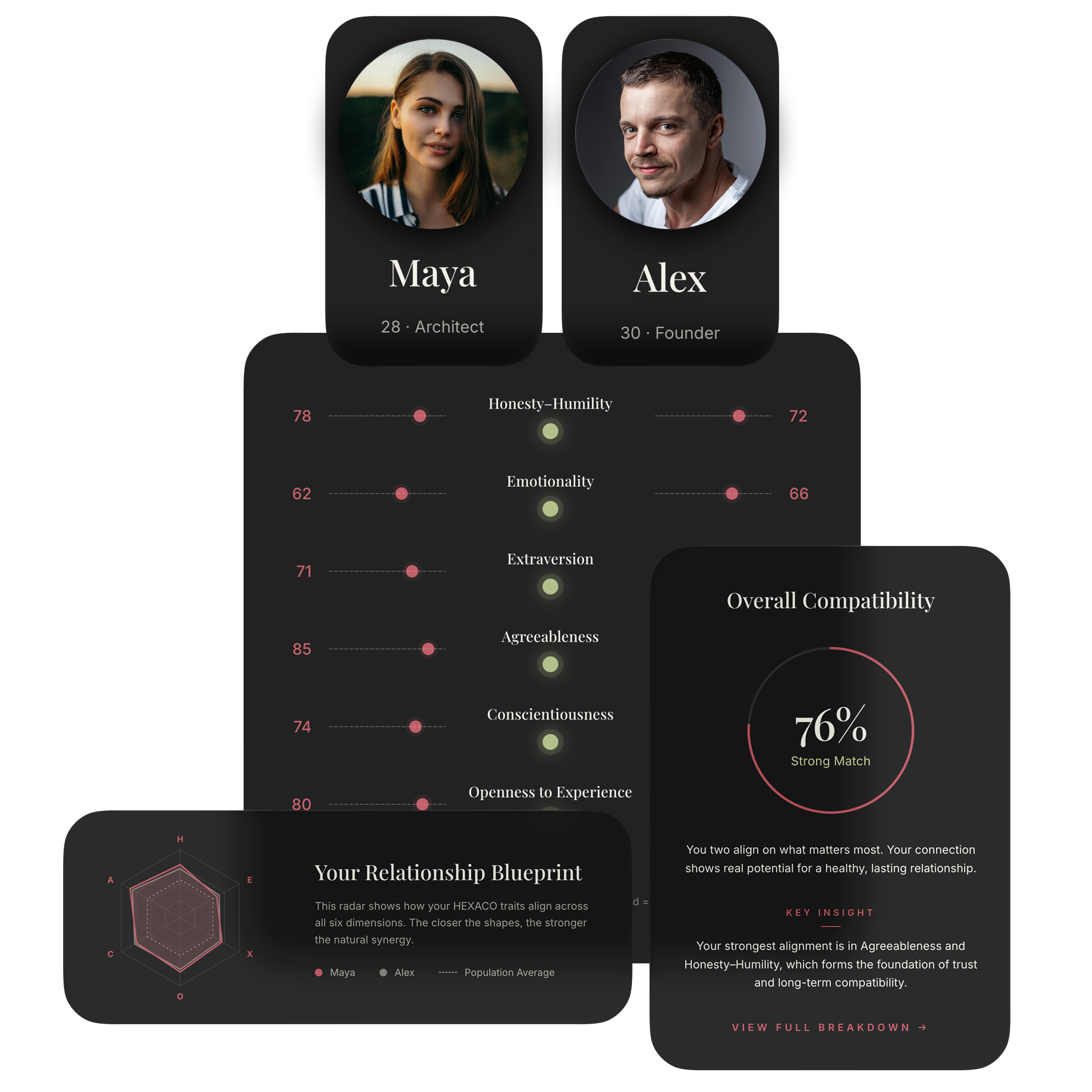 In-app personality compatibility comparison between two profiles, showing trait scores and a 76% overall match